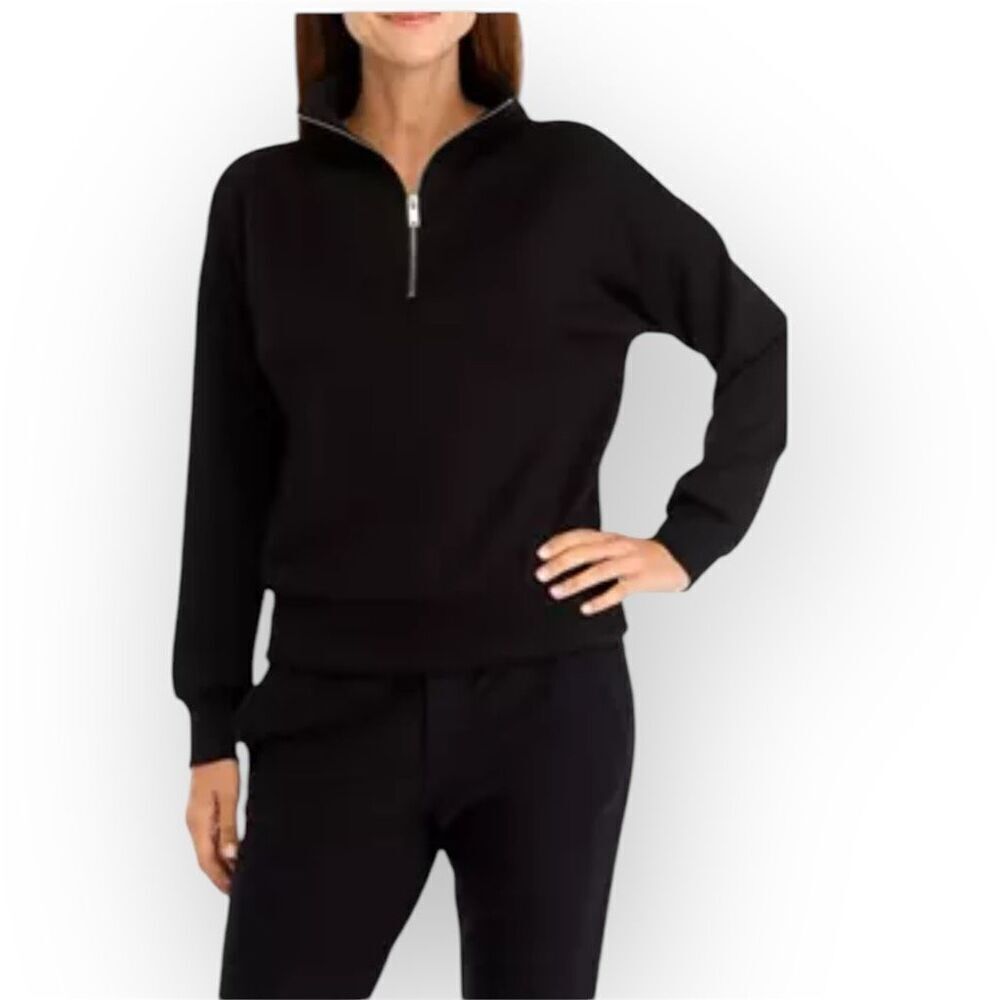 Magaschoni, Scuba Quarter Zip Pullover Solid Black Faux Suede, Women's Small